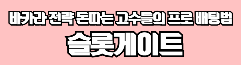 분홍색 바탁위에 흰색에 검정 테두리의 글자로 바카라 전략 돈따는 고수들의 프로 배팅법 슬롯게이트 라고 적혀 있습니다.